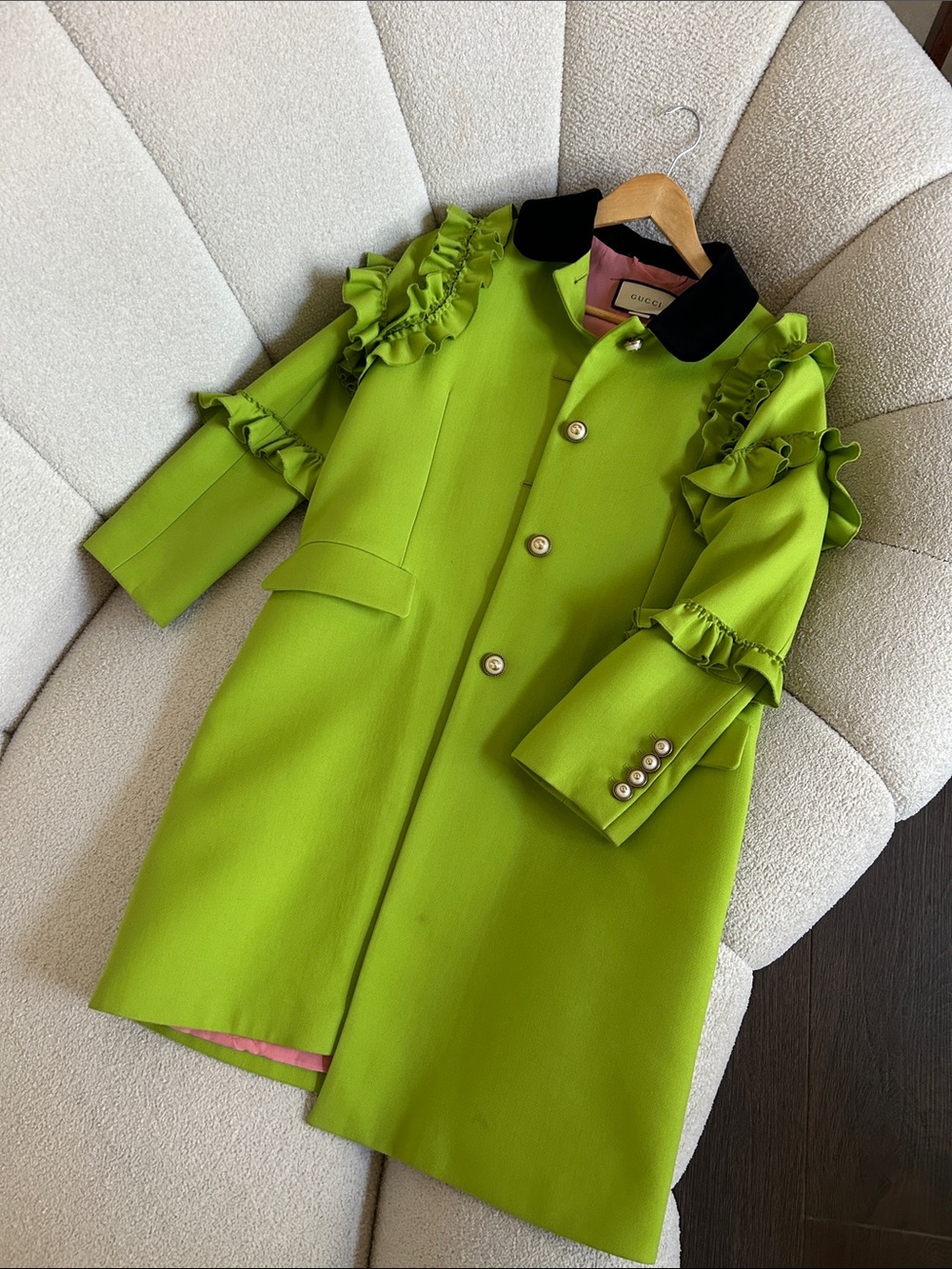 Gucci Lime Green Ruffle Wool Pea Coat with Black Velvet Collar